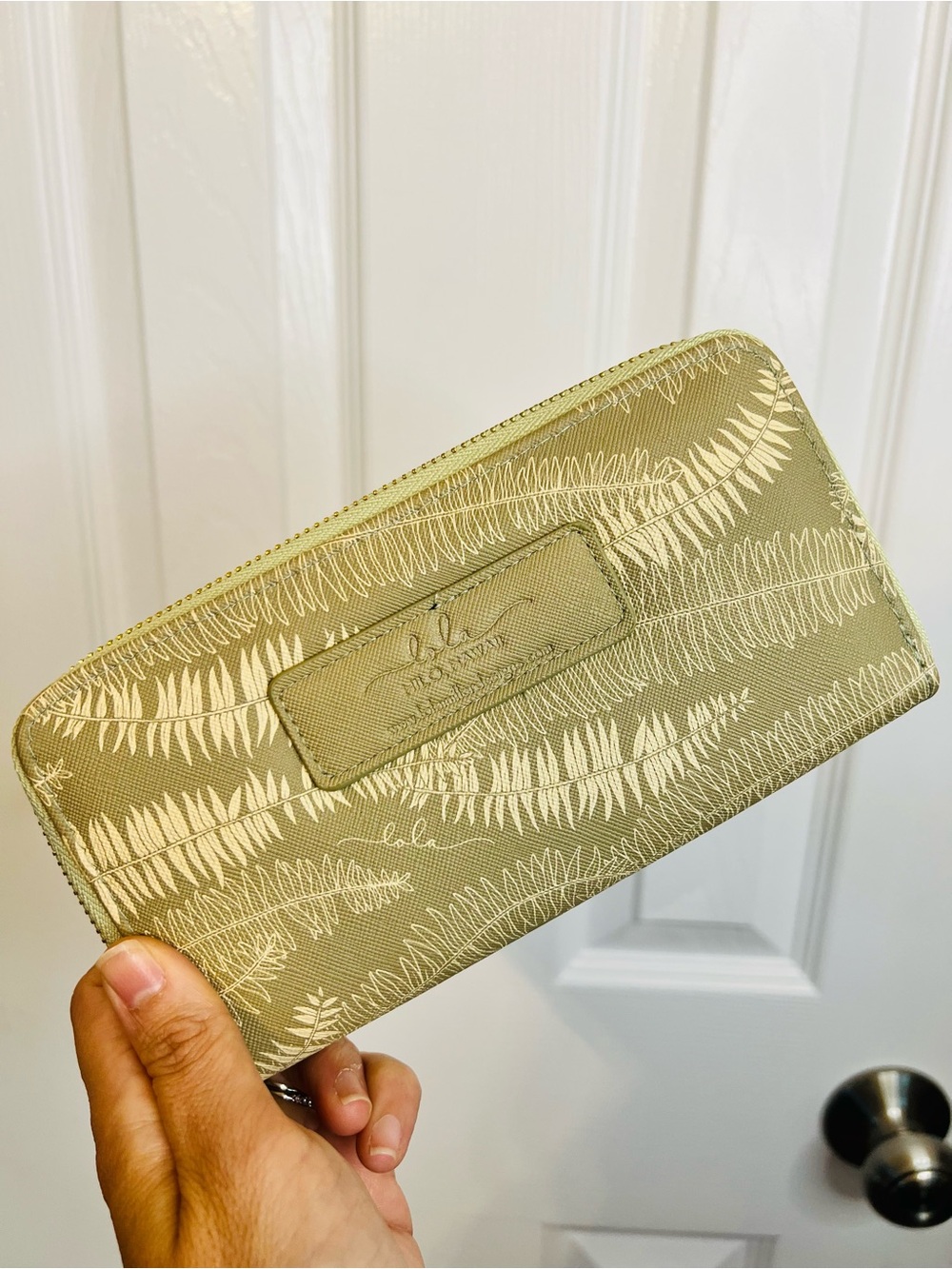 Leaf-Print Zip-Around Wallet in Sage Green